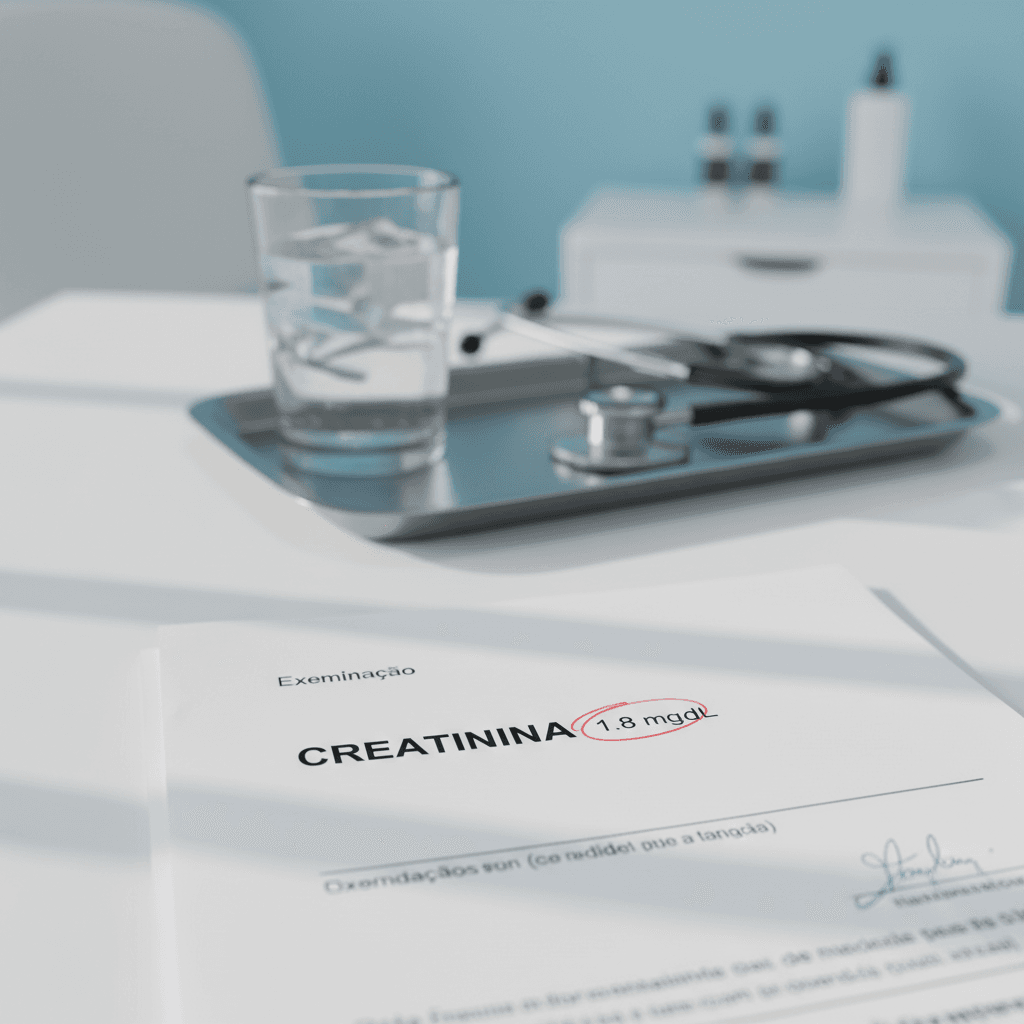 Close-up de um laudo de exame laboratorial focando no termo creatinina, com um copo de água e um estetoscópio ao fundo em ambiente clínico.