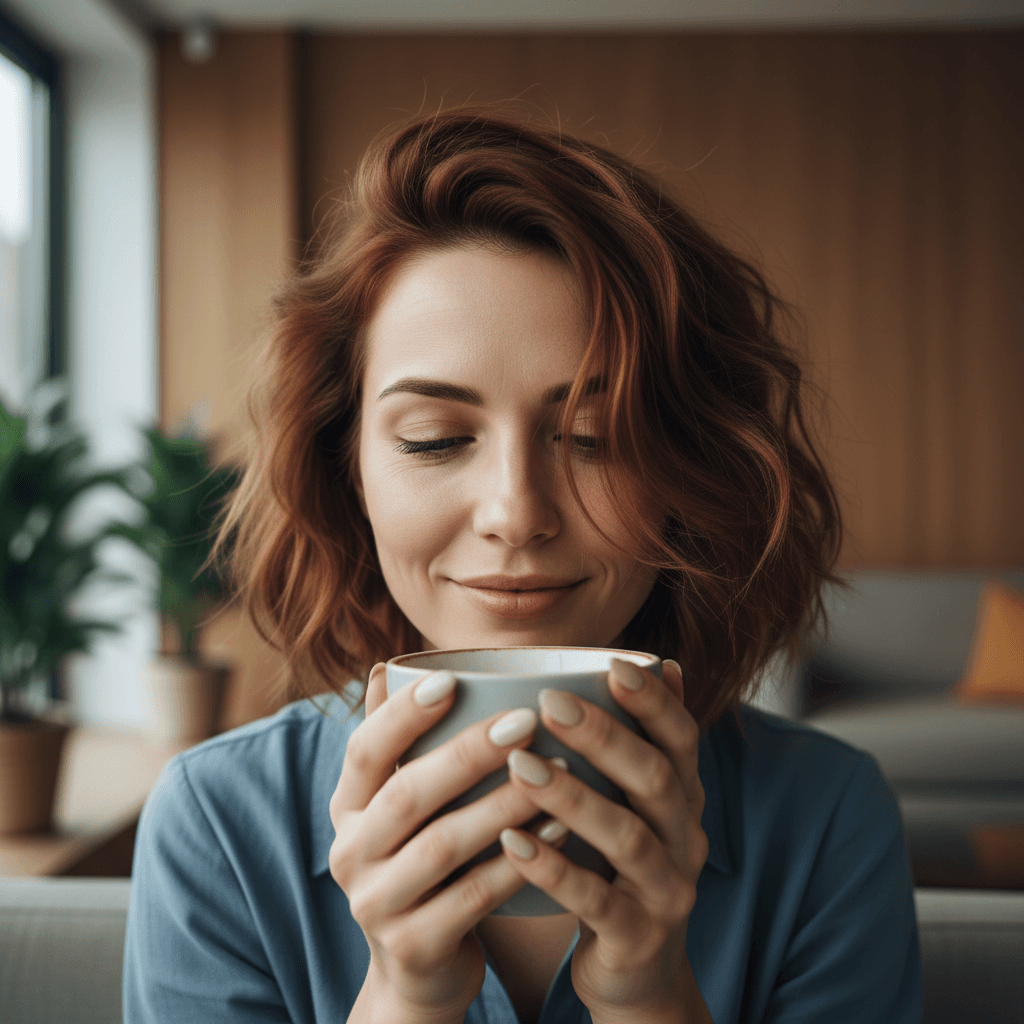Close-up de uma mulher cansada segurando uma xícara de café, com foco sutil em seus cabelos e unhas, ambiente clínico moderno e acolhedor ao fundo.