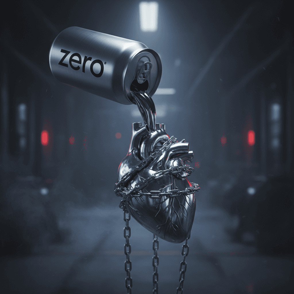 Uma lata de refrigerante 'Zero' derramando um líquido cinza metálico que se transforma em correntes presas a um coração humano, estilo cinematográfico e dramático.
