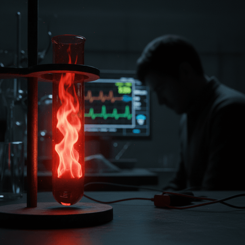 Close-up dramático de um tubo de ensaio contendo sangue que brilha em um tom vermelho incandescente como se estivesse pegando fogo. Ao fundo, a silhueta borrada de uma pessoa triste e um monitor médico com gráficos instáveis. Estilo cinematográfico e investigativo.