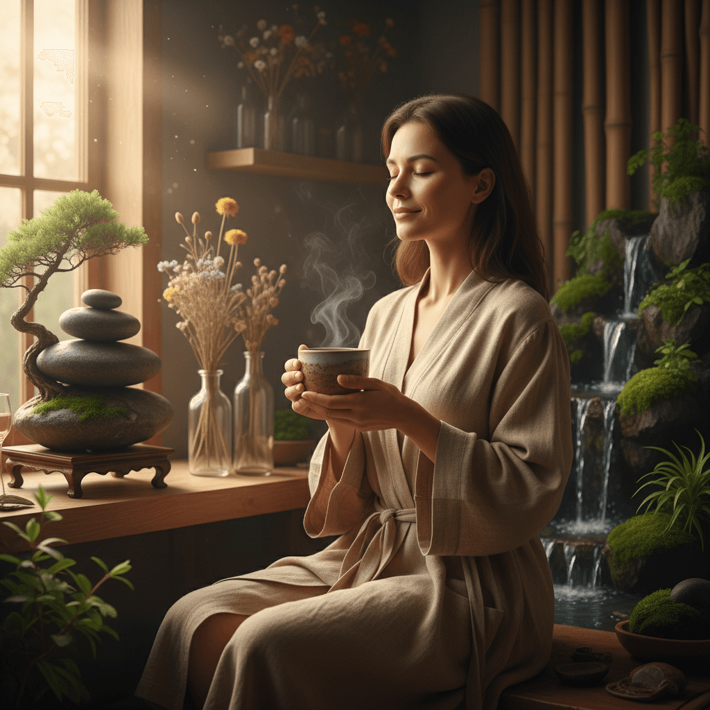 Uma pessoa em um momento de relaxamento segurando uma xícara de chá, com elementos que remetem à natureza e equilíbrio ao fundo, luz suave de fim de tarde.