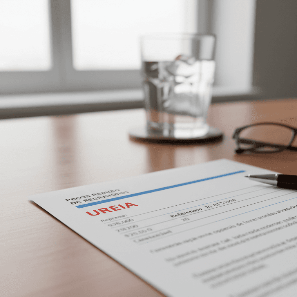 Close-up de um relatório de exame de sangue com a palavra Ureia em destaque, sobre uma mesa de madeira com um copo de água ao fundo, estilo fotografia profissional de saúde.