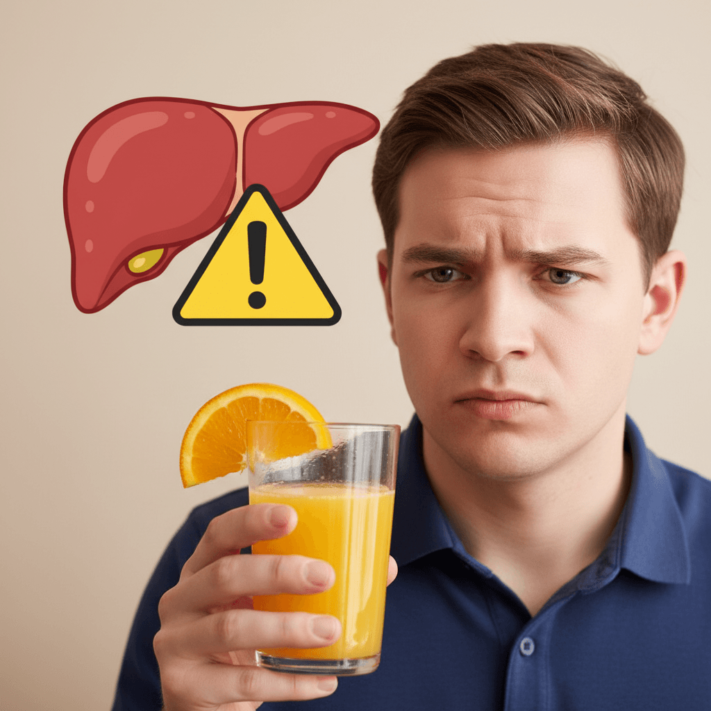 Uma pessoa segurando um copo de suco de laranja com uma expressão de dúvida, enquanto ao fundo aparece um desenho simplificado de um fígado com um sinal de alerta.