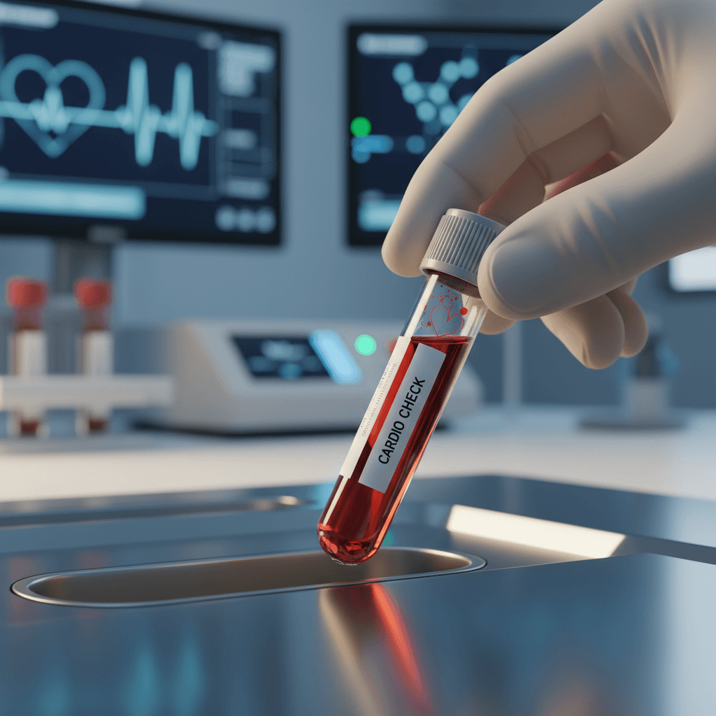 Close-up realista de um frasco de exame de sangue sendo analisado em um laboratório moderno com iluminação suave, representando cuidado preventivo com a saúde cardíaca.