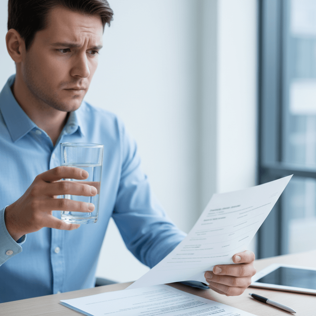 Close-up realista de uma pessoa segurando um copo de água e olhando para um laudo médico com expressão de dúvida, ambiente de consultório moderno e iluminado.