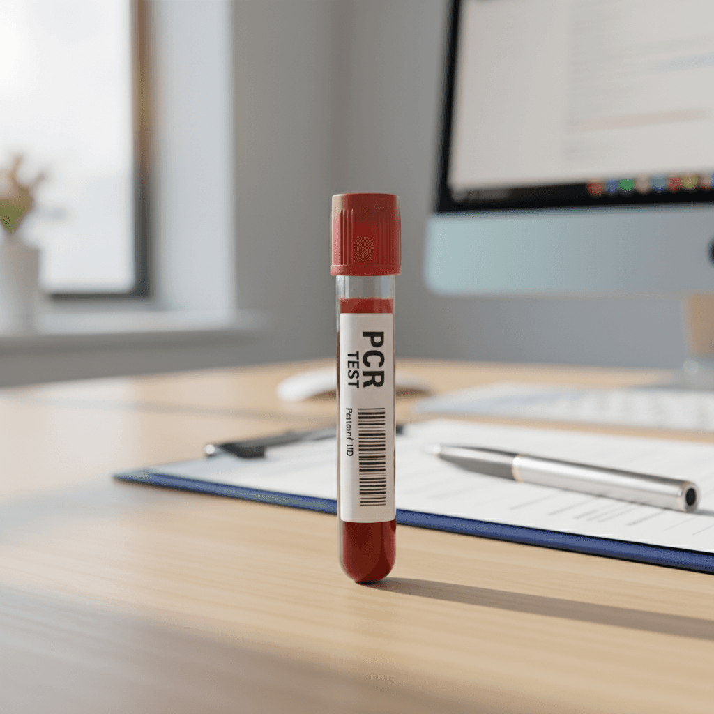 Close em um frasco de exame de sangue com foco na etiqueta PCR, sobre uma mesa de consultório médico iluminada e moderna.