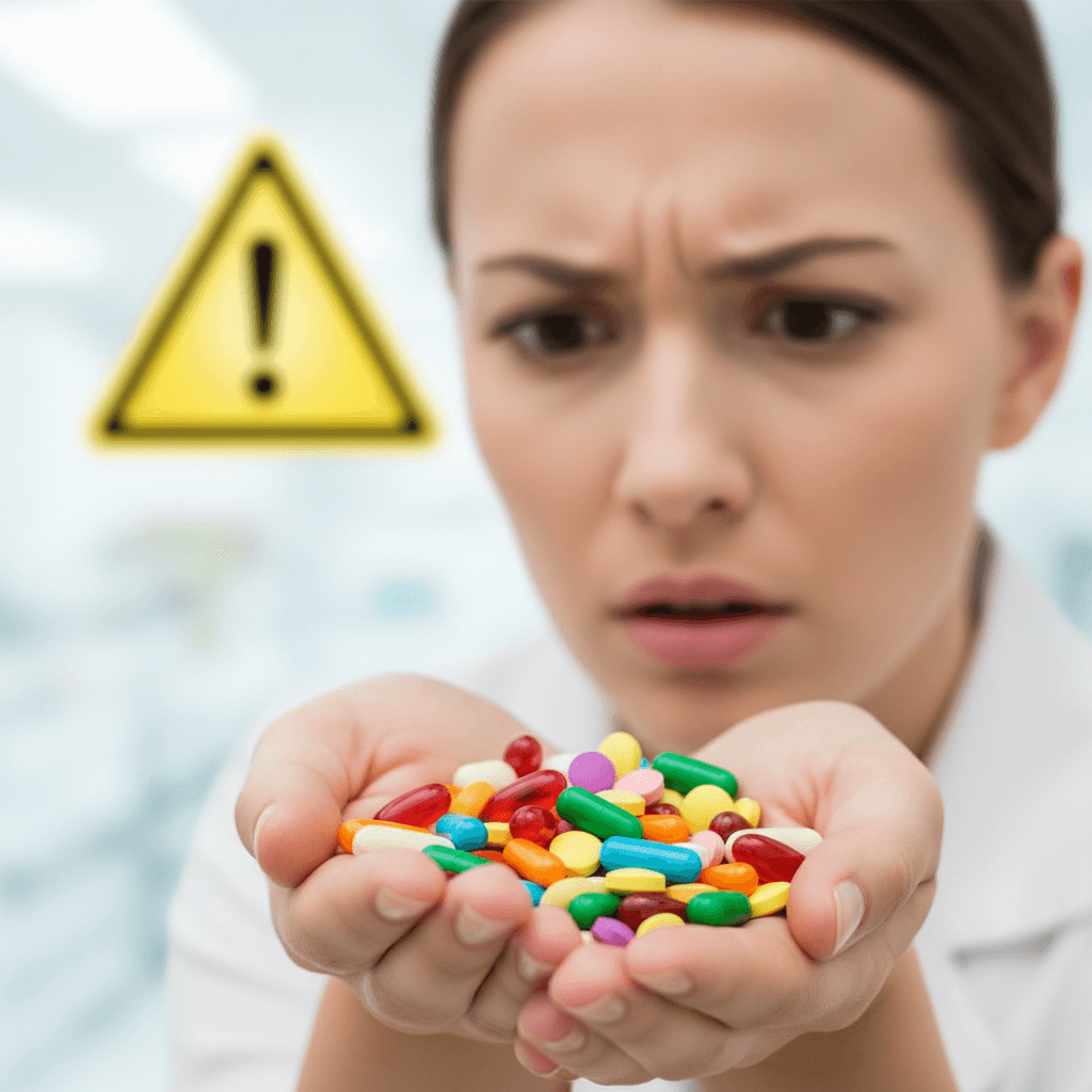Uma pessoa segurando um punhado de cápsulas coloridas de vitaminas com uma expressão de dúvida, com um sinal de alerta ao fundo.
