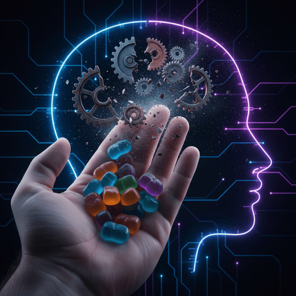 Close-up dramático de uma mão segurando gomas de suplemento coloridas que se transformam em engrenagens quebradas dentro de uma silhueta de cabeça humana, iluminação neon azul e sombria simbolizando o cérebro parando de funcionar.