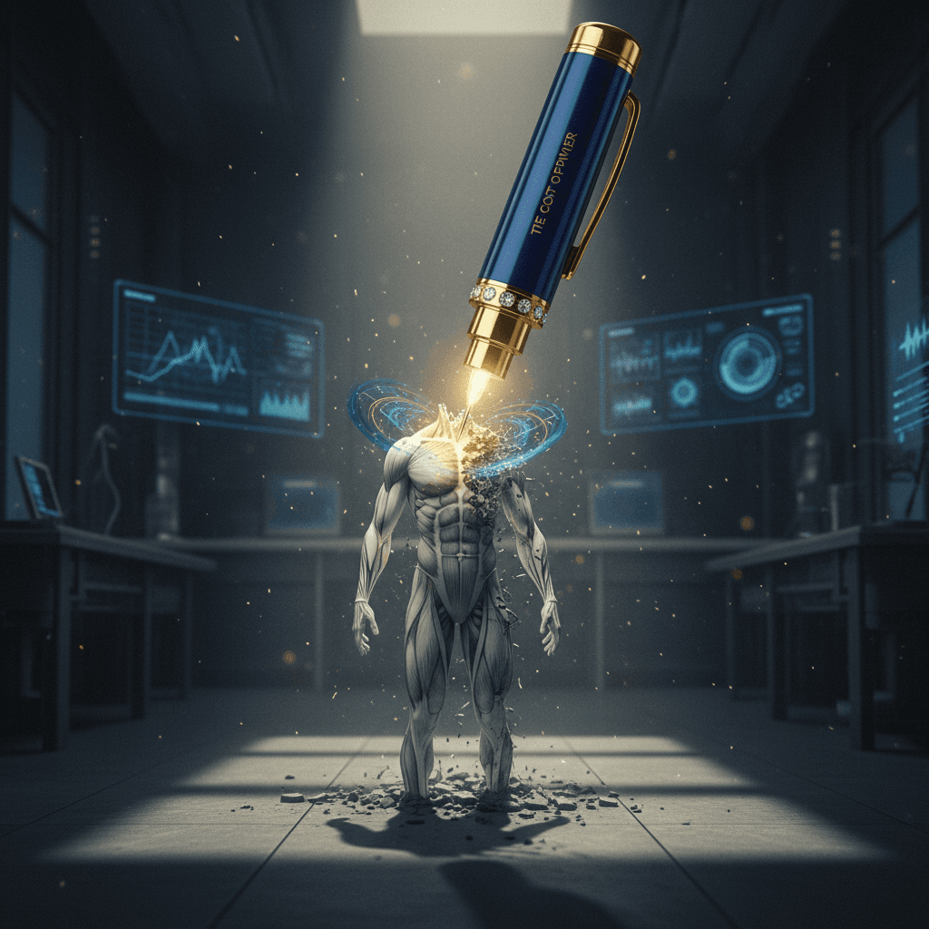 Uma caneta de aplicação de medicamento luxuosa, mas que ao ser pressionada, derrete um manequim humano musculoso, transformando-o em uma silhueta frágil e cinzenta. Estilo editorial investigativo, cores dramáticas em azul escuro e dourado.