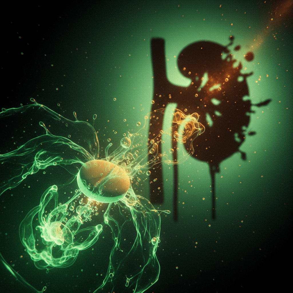 Close-up dramático de um comprimido se dissolvendo em um líquido corrosivo que lembra ácido, com a silhueta de um rim humano ao fundo sofrendo erosão, estilo jornalismo investigativo de alto contraste.