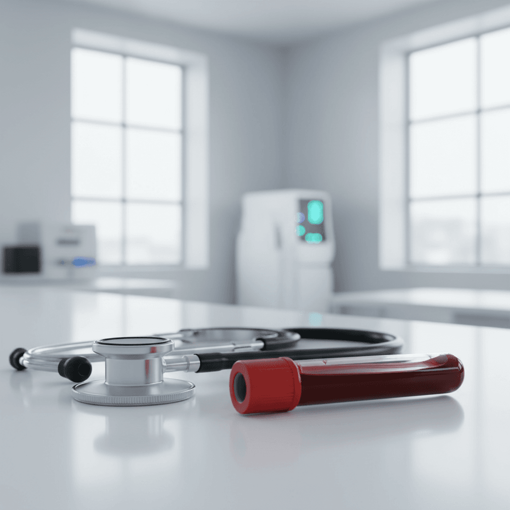 Close-up profissional de um frasco de exame de sangue ao lado de um estetoscópio em um ambiente médico iluminado e moderno.