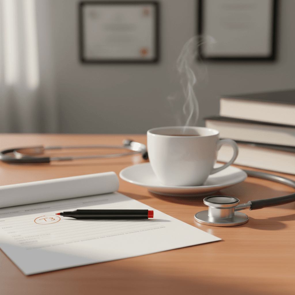 Close-up de um relatório de exame de sangue com a palavra T3 destacada em caneta, ao lado de uma xícara de café e um estetoscópio em uma mesa de consultório iluminada.