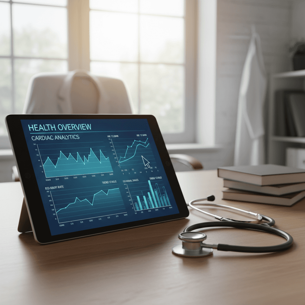 Close-up de um prontuário médico digital em um tablet ao lado de um estetoscópio, mostrando gráficos de saúde cardíaca em um ambiente iluminado e profissional.