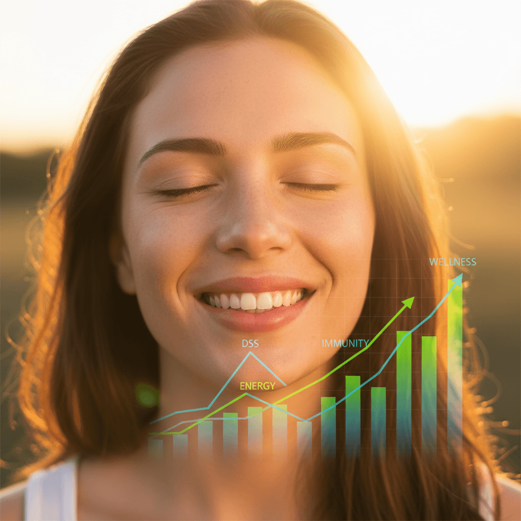 Close-up de uma pessoa sorridente de olhos fechados recebendo luz solar no rosto, com um gráfico de exame de sangue sobreposto de forma sutil sugerindo saúde e vitalidade.