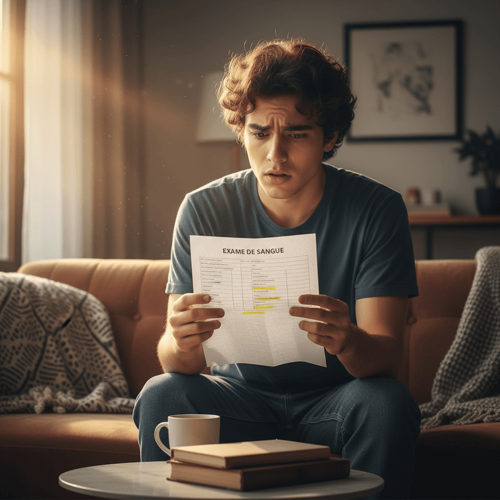 Pessoa jovem sentada em um sofá segurando um papel de exame de sangue com expressão de dúvida, luz do sol entrando pela janela iluminando parcialmente o rosto.